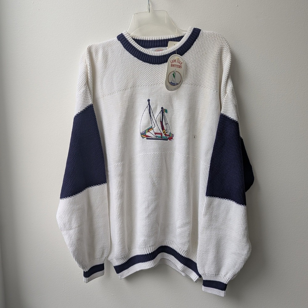 Vtg 90s Cape Isle Knitters Sweater White Sailboat Embroidered Textured L *READ